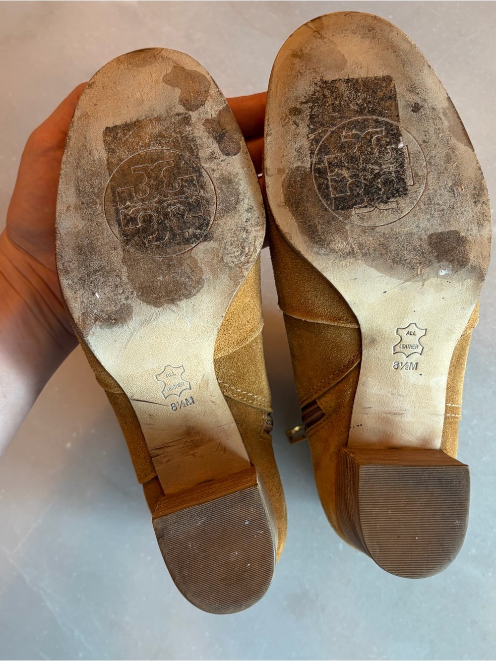 Tory Burch “Sabe” Suede Block Heel Booties with Gold Logo - Picture 8 of 9